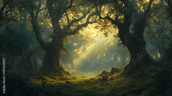 Fototapeta Sunlit Forest Path: A Mystical Journey into Nature