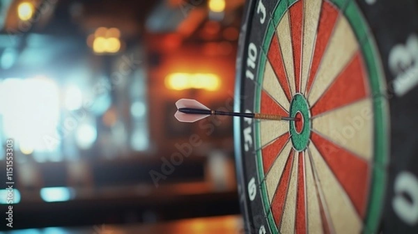 Fototapeta Dart arrow hitting the bullseye on a dartboard.