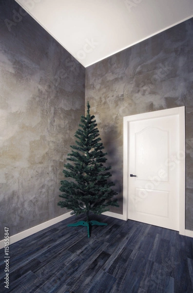 Obraz Christmas tree in an empty room with concrete walls
