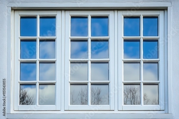 Fototapeta a white window with reflections of the sky and trees