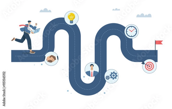 Fototapeta Businessman project manager running work on project timeline, Project planning, Timeline, Progress in business, Roadmap, Key route map with action plans, Timeline to success, Vector illustration.