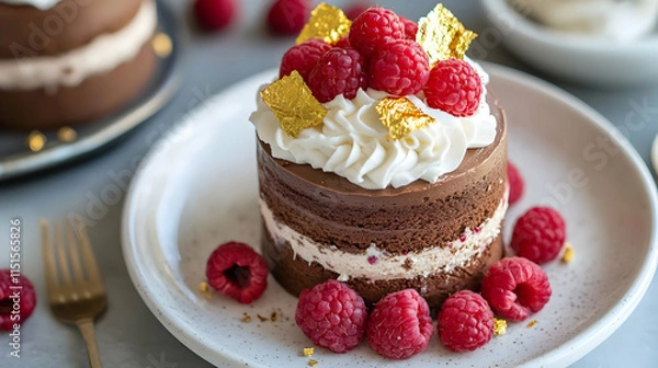 Fototapeta Mini Chocolate Raspberry Cake with Gold Leaf