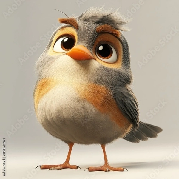 Fototapeta A fluffy animated bird with big eyes stands on a plain background