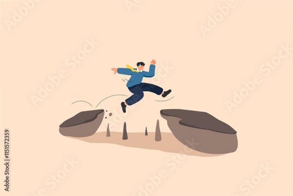 Fototapeta Error and 404 Man Jump Illustration. a man mid-jump over a gap between cliffs, symbolizing bravery, determination, and overcoming challenges.