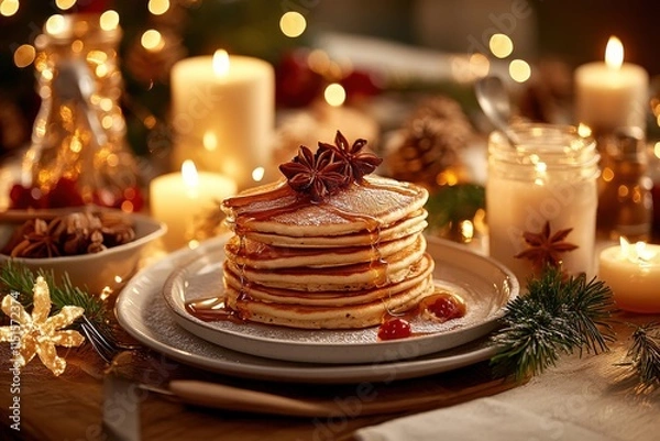 Obraz Warm and Cozy Breakfast Table Setup Featuring Stack of Fluffy Pancakes Drizzled with Honey Surrounded by Candlelight and Festive Decorations