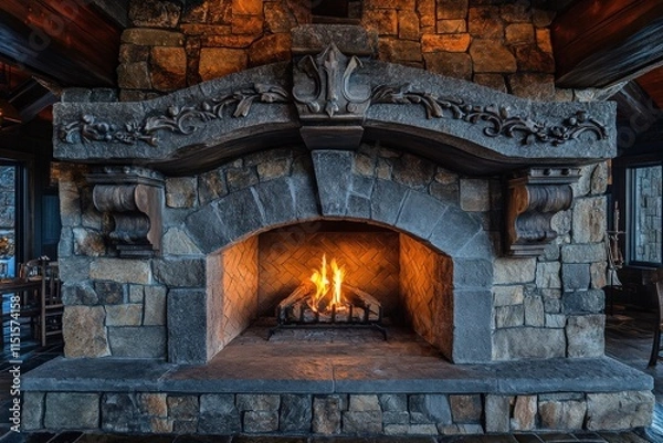 Obraz A stone fireplace with a roaring fire.
