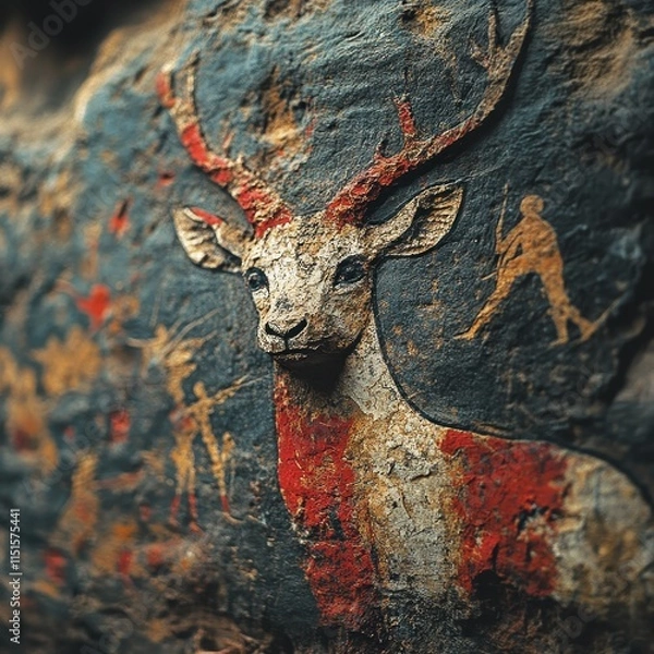Fototapeta Ancient cave painting depicting antelope surrounded by abstract symbols
