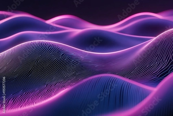 Fototapeta Undulating waves of vibrant purple and pink light create mesmerizing patterns against a dark backdrop. This digital landscape showcases fluidity and motion in an abstract form.