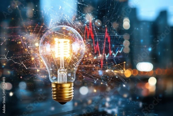 Fototapeta Innovative light bulb concept with business elements in corporate office setting professional background financial insights