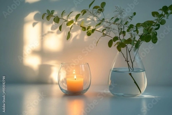 Obraz A lit candle in a glass cup with a vase and a green plant next to it. Abstract composition with pastel illuminated background.