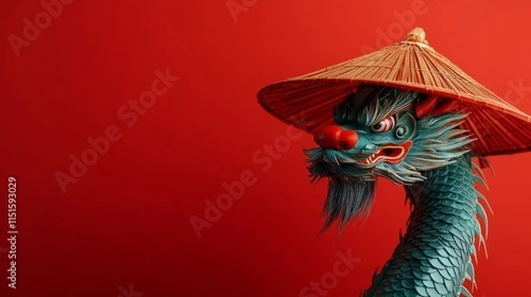 Obraz Blue Chinese dragon with traditional bamboo hat. Creative Chinese New Year theme with red background and copy space.