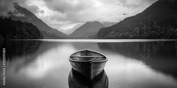 Fototapeta Monochrome boat on a serene lake surrounded by mountains, beautifully framed in black, captures the essence of tranquility and nature, perfect for showcasing the harmony of black and white imagery.