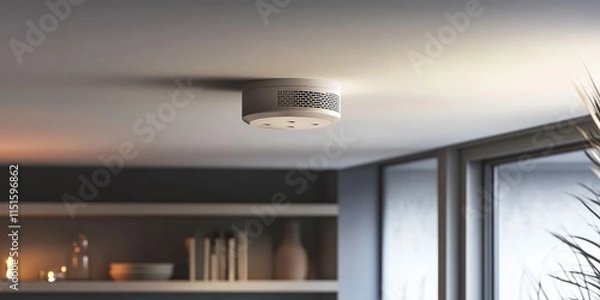 Fototapeta Smoke detector mounted on ceiling for safety, ensuring timely alerts for fire hazards. This essential smoke alarm provides crucial protection in residential settings with its reliable detection