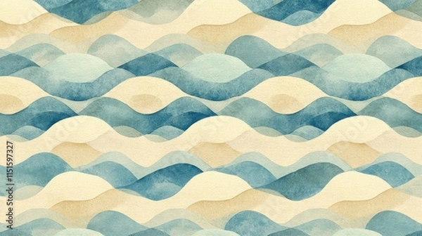 Fototapeta Abstract watercolor wave pattern: serene blues and beige