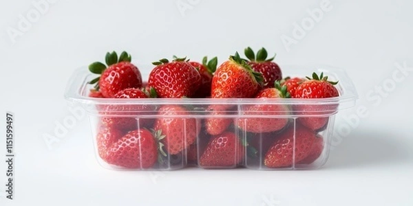 Fototapeta Strawberry in a plastic container is showcased against a white background. This image features strawberries in a clear punnet, providing a closeup front view of fresh strawberries.