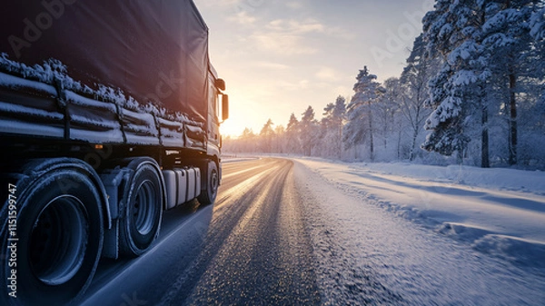 Fototapeta driving truck during winter on the road during mid-day with a eye-level angle with backlighting 