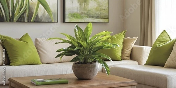 Fototapeta Plant displayed on a wooden table in a neutral living room, accented by green pillows on a beige sofa, and adorned with paintings on the wall, creating a serene atmosphere with the plant.
