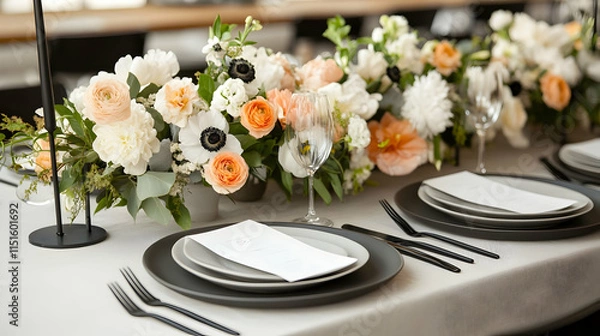 Fototapeta Elegant Wedding Table Setting with Peach and White Flowers