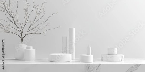 Fototapeta A surface made of white marble is utilized for showcasing product mock ups effectively. This white marble surface serves as a backdrop for product displays.