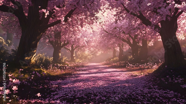 Fototapeta Enchanted Cherry Blossom Path: A Dreamlike Spring Landscape