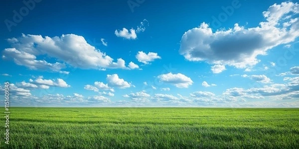 Fototapeta Vast field under a bright blue sky adorned with fluffy clouds, showcasing the beauty of nature with an expansive view of the field complemented by the serene blue sky and clouds.