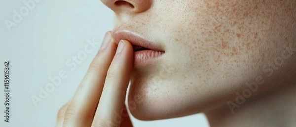 Fototapeta close up of person touching lips with freckled skin