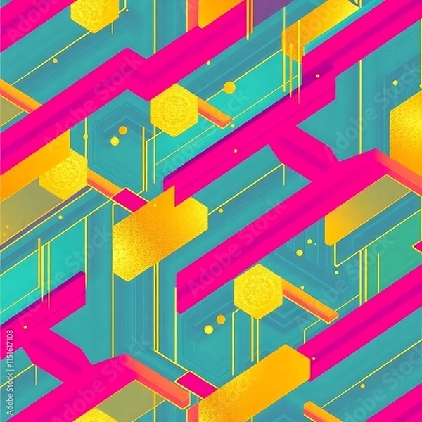 Fototapeta Vibrant Geometric Abstract:  A dynamic interplay of  hot pink, turquoise, and gold geometric shapes creates a visually striking, modern abstract design. Perfect for tech, fashion.