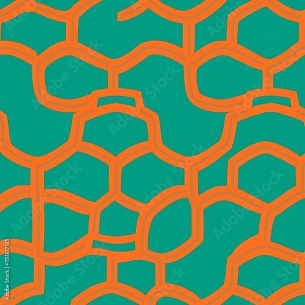 Obraz Orange and Teal Geometric Pattern:  A vibrant and modern seamless pattern featuring interlocking orange lines forming an abstract honeycomb design against a teal background.