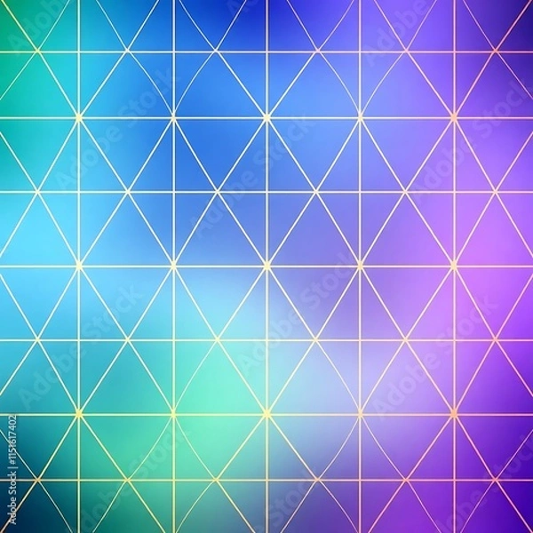 Fototapeta Abstract Geometric Pattern:  Vibrant blue, green, and purple gradient background with a delicate, geometric pattern of interconnected triangles and lines in a subtle golden hue.