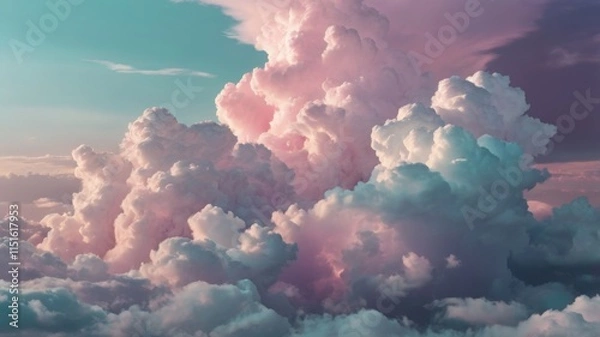Fototapeta A background of pastel sky with fluffy pink, lilac, and turquoise clouds.