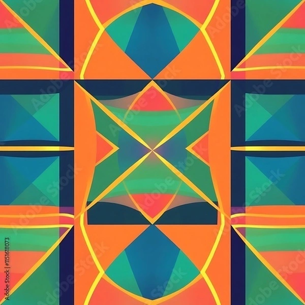 Obraz Vibrant Geometric Mandala: A captivating symmetrical design in teal, orange, and gold.  Intricate patterns create a mesmerizing visual experience, perfect for backgrounds, textiles, or modern art. 