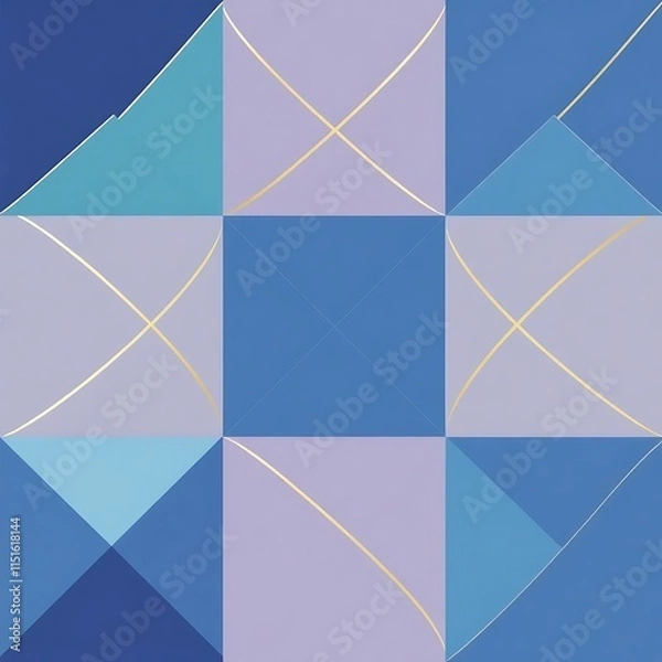 Fototapeta Serene Geometric Abstract:  A calming and elegant abstract design, featuring a grid of overlapping squares and triangles in soft blue and lavender hues, accented with delicate gold lines.