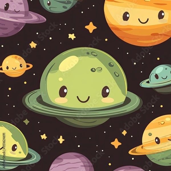 Fototapeta A seamless outer-space pattern featuring adorable cartoon aliens, spaceships, and colorful planets, all illustrated in bright shades of green, purple, and orange on a dark starry background. 