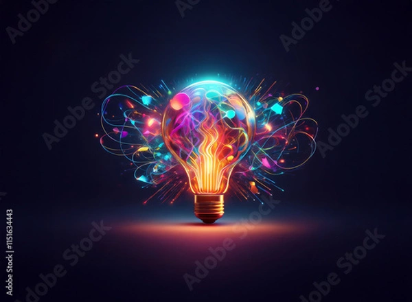 Fototapeta A vibrant lightbulb bursts with colorful energy, symbolizing creativity and innovative ideas.  The swirling trails of light depict the process of inspiration.