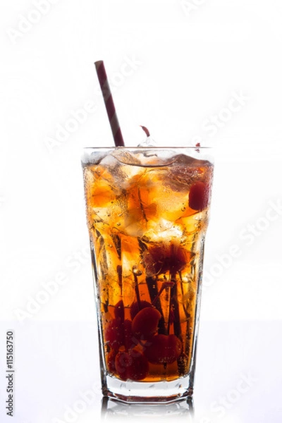 Fototapeta Refreshing cold cherry cola isolated on a white background