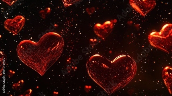 Fototapeta Glowing red hearts falling on dark background.