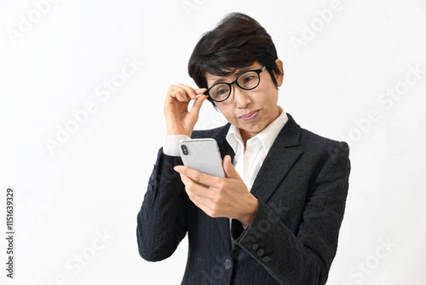 Fototapeta スマホを見る老眼に悩む中高年の女性