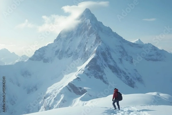 Obraz man with his back facing a mountain