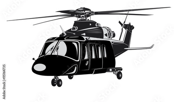 Obraz Simplified black and white image of a helicopter on a white background.