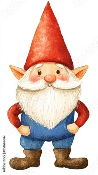 Fototapeta A watercolor illustration of a garden gnome with a red pointed hat, a white beard, rosy cheeks, and blue overalls, standing confidently with hands on hips