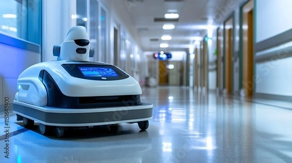 Fototapeta Robotic Cleaner in Hospital Hallway for Sterilization and Hygiene