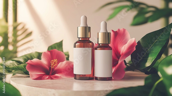 Fototapeta Serum dropper bottles mock up with blank label, Beauty products container surrounded by Hibiscus flower, Hibiscus extract serum
