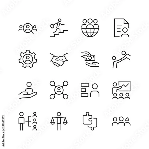 Fototapeta Human Resources, linear style icon set. Tools and processes for managing people and organizations. Recruitment, team building, training, and performance evaluation. Editable stroke width