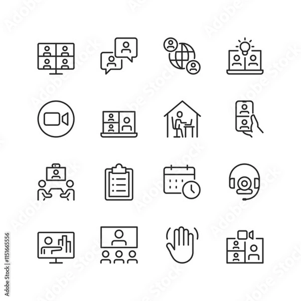 Obraz Online Meeting, linear style icon set. Virtual communication tools for collaboration and remote work. Video call, webinar, schedule, and team discussion. Digital workspace. Editable stroke width.