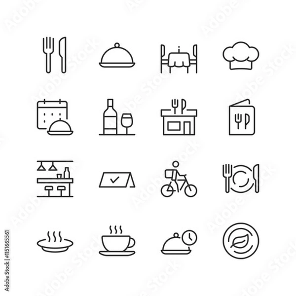 Fototapeta Restaurant and Dining, linear style icon set. Food service and hospitality. Plates, cutlery, chef, menu, and delivery options. Editable stroke width