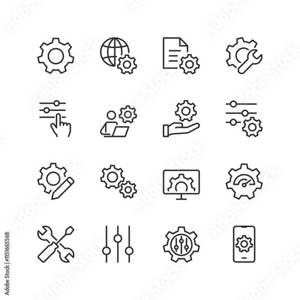 Obraz Settings and Configuration, linear style icon set. Tools for adjusting, personalizing, and optimizing systems. Gear, slider, and control panel for user interface and system settings. Editable stroke w
