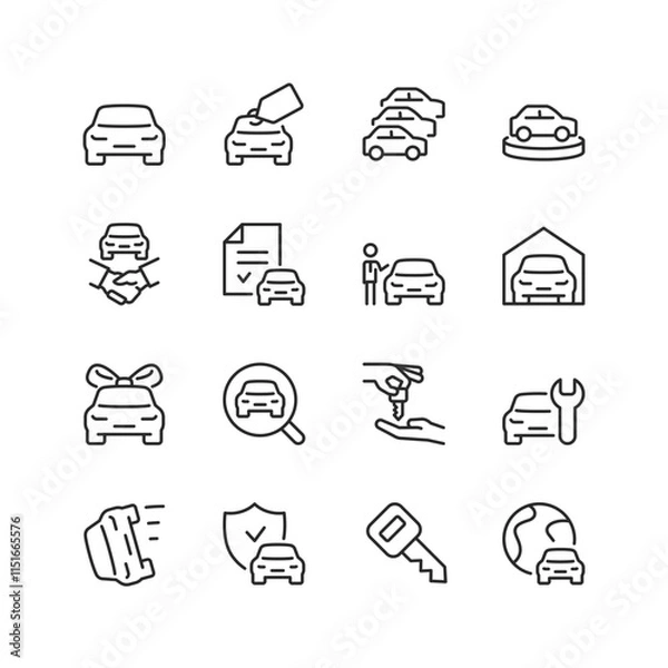 Fototapeta Car Sale and Dealership, linear style icon set. Buying, selling, and maintaining vehicles. Cars, key, contract, and auto service. Editable stroke width