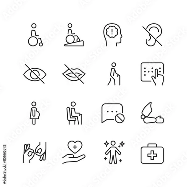 Fototapeta Disability and Accessibility, linear style icon set. Support for people with disabilities. Mobility aid, braille, hearing, and visual assistance. Equal opportunities and care. Editable stroke width.