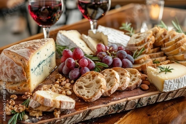 Fototapeta artisan bread and cheese board featuring an assortment of freshly baked breads, gourmet cheeses, and accompaniments such as honey, nuts, and dried fruits
