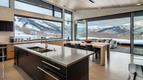Obraz modern style kitchen with a view of the mountains